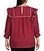 Calessa Plus Size Ruffle Shoulder Contrast Stitching Split V- Neck 3/4 Sleeve Tunic, Color:Crimson - Image 2