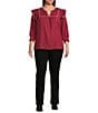 Calessa Plus Size Ruffle Shoulder Contrast Stitching Split V- Neck 3/4 Sleeve Tunic, Color:Crimson - Image 3