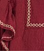 Calessa Plus Size Ruffle Shoulder Contrast Stitching Split V- Neck 3/4 Sleeve Tunic, Color:Crimson - Image 4