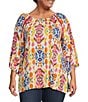 Color:Pink Multi - Image 1 - Plus Size Size Abstract Ikat Print Scoop Neck 3/4 Tiered Sleeve Tunic