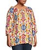 Color:Pink Multi - Image 3 - Plus Size Size Abstract Ikat Print Scoop Neck 3/4 Tiered Sleeve Tunic