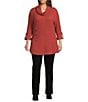 Calessa Plus Size Solid Textured Cowl Neck Roll-Tab Sleeve Tunic, Color:Rust - Image 9