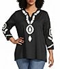 Calessa Plus Size Soutache Embroidered Split V-Neck 3/4 Sleeve Tunic, Color:Black/White - Image 1