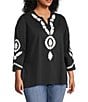 Calessa Plus Size Soutache Embroidered Split V-Neck 3/4 Sleeve Tunic, Color:Black/White - Image 3