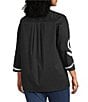 Calessa Plus Size Soutache Embroidered Split V-Neck 3/4 Sleeve Tunic, Color:Black/White - Image 4