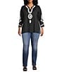 Calessa Plus Size Soutache Embroidered Split V-Neck 3/4 Sleeve Tunic, Color:Black/White - Image 5