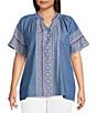 Calessa Plus Size Split V-Neck Short Sleeve Embroidered Tunic, Color:Indigo - Image 1