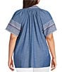 Calessa Plus Size Split V-Neck Short Sleeve Embroidered Tunic, Color:Indigo - Image 2