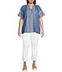 Calessa Plus Size Split V-Neck Short Sleeve Embroidered Tunic, Color:Indigo - Image 3