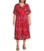 Color:Red Multi - Image 1 - Plus Size Stretch Mesh Abstract Print V-Neck Short Flutter Sleeve Tiered Hem Dress