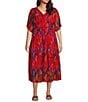 Color:Red Multi - Image 1 - Plus Size Stretch Mesh Abstract Print V-Neck Short Flutter Sleeve Tiered Hem Midi Dress