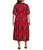 Color:Red Multi - Image 2 - Plus Size Stretch Mesh Abstract Print V-Neck Short Flutter Sleeve Tiered Hem Midi Dress