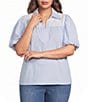 Calessa Plus Size Stripe Collared Elbow Balloon Sleeve Lace Detail Blouse - Image 1