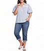 Calessa Plus Size Stripe Collared Elbow Balloon Sleeve Lace Detail Blouse - Image 3