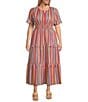 Calessa Plus Size Stripe Round Split Neck Short Sleeve Midi Dress, Color:Red Multi - Image 1