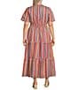 Calessa Plus Size Stripe Round Split Neck Short Sleeve Midi Dress, Color:Red Multi - Image 2