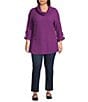 Calessa Plus Size Textured Bubble Knit Cowl Neck 3/4 Sleeve Tunic, Color:Eggplant - Image 3