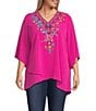 Color:Hot Pink Multi - Image 1 - Plus Size Textured Crepe V-Neck 3/4 Sleeves Comfort Fit Cross Over Hemline Blouse