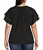 Calessa Plus Size Textured Crepe V-Neck Ruffle Short Sleeve Button Front Top - Image 2