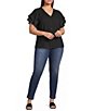 Calessa Plus Size Textured Crepe V-Neck Ruffle Short Sleeve Button Front Top - Image 3