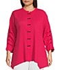 Color:Coral - Image 1 - Plus Size Textured Crinkle Knit Banded Collar 3/4 Sleeve Button Front Tunic
