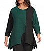 Calessa Plus Size Textured Knit Colorblock Round Neck Long Sleeve Button Accent Asymmetric Hem Tunic - Image 1