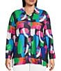 Calessa Plus Size Textured Knit Geometric Multicolor Point Collar Long Sleeve Button-Front Tunic, Color:Black Multi - Image 1