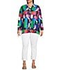 Calessa Plus Size Textured Knit Geometric Multicolor Point Collar Long Sleeve Button-Front Tunic, Color:Black Multi - Image 3