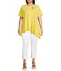 Calessa Plus Size Textured Knit Scoop Neck Short Sleeve Asymmetric Hem Tunic, Color:Yellow - Image 3