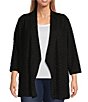 Color:Black - Image 1 - Plus Size Textured Popcorn Knit Draped Open Front 3/4 Sleeve Asymmetrical Cardigan
