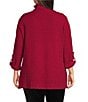 Calessa Plus Size Textured Yarn-Dye Wire Collar Long Roll-Tab Sleeve Quarter-Zip Knit Top, Color:Crimson - Image 2