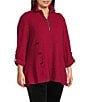Calessa Plus Size Textured Yarn-Dye Wire Collar Long Roll-Tab Sleeve Quarter-Zip Knit Top, Color:Crimson - Image 3