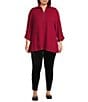 Calessa Plus Size Textured Yarn-Dye Wire Collar Long Roll-Tab Sleeve Quarter-Zip Knit Top, Color:Crimson - Image 5