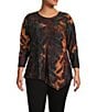 Calessa Plus Size Tie-Dye Print Crew Neck 3/4 Sleeve Asymmetric Tunic, Color:Chocolate Multi - Image 1