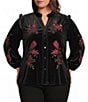 Calessa Plus Size Velvet Floral Embroidered Ruffle Split V-Neck Long Sleeve Button Front Shirt - Image 1
