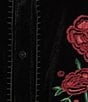Calessa Plus Size Velvet Floral Embroidered Ruffle Split V-Neck Long Sleeve Button Front Shirt - Image 4