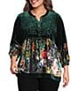 Calessa Plus Size Velvet Floral Embroidered V-Neck Long Sleeve Partial Button Front Tunic - Image 1