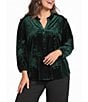 Calessa Plus Size Velvet Tonal Embroidery Ruffle Split V-Neck 3/4 Sleeve Button Front Tunic - Image 1