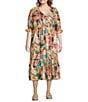 Calessa Plus Size Vintage Floral V-Neck Elbow Sleeve A-Line Maxi Dress, Color:Teal Multi - Image 1