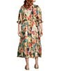 Calessa Plus Size Vintage Floral V-Neck Elbow Sleeve A-Line Maxi Dress, Color:Teal Multi - Image 2