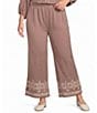 Calessa Plus Size Wide Leg Embroidered Border Hem Pull-On Coordinating Cropped Pants - Image 1