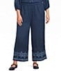 Calessa Plus Size Wide Leg Embroidered Border Hem Pull-On Cropped Coordinating Pants - Image 1
