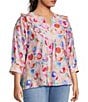 Calessa Plus Size Woven Abstract Floral Split V-Neck 3/4 Sleeve Tunic - Image 1