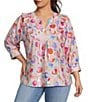 Calessa Plus Size Woven Abstract Floral Split V-Neck 3/4 Sleeve Tunic - Image 1