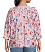 Calessa Plus Size Woven Abstract Floral Split V-Neck 3/4 Sleeve Tunic - Image 2