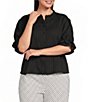 Calessa Plus Size Woven Band Collar Elbow Length Sleeve Button Front Shirt - Image 1