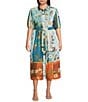 Calessa Plus Size Woven Border Leaf Print Point Collar Elbow Sleeve Tie-Belt Button Front Midi Dress, Color:Turquoise/Multi - Image 1