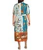 Calessa Plus Size Woven Border Leaf Print Point Collar Elbow Sleeve Tie-Belt Button Front Midi Dress, Color:Turquoise/Multi - Image 2