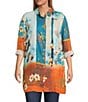 Calessa Plus Size Woven Border Leaves Print Point Collar Roll-Tab Sleeve Button Front Duster Tunic, Color:Turquoise/Multi - Image 1