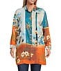 Calessa Plus Size Woven Border Leaves Print Point Collar Roll-Tab Sleeve Button Front Duster Tunic, Color:Turquoise/Multi - Image 2